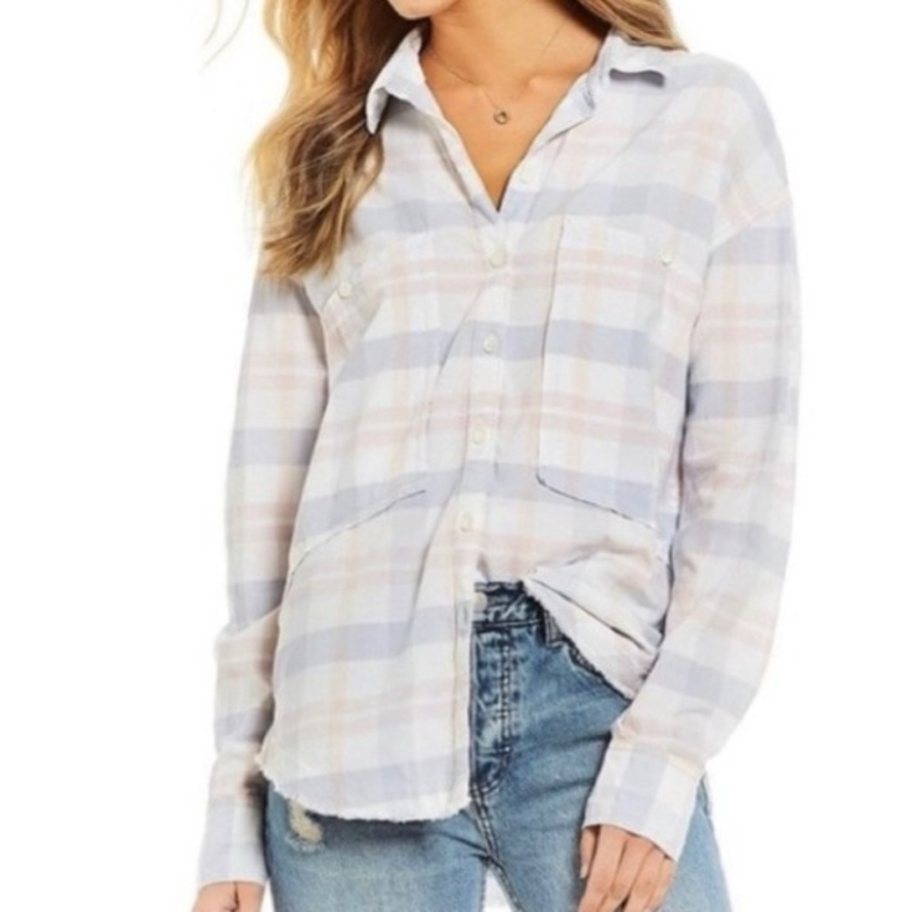 Free People LoveLand Pastel Plaid Button Down Shirt Frayed Hem Boho White Pink M
